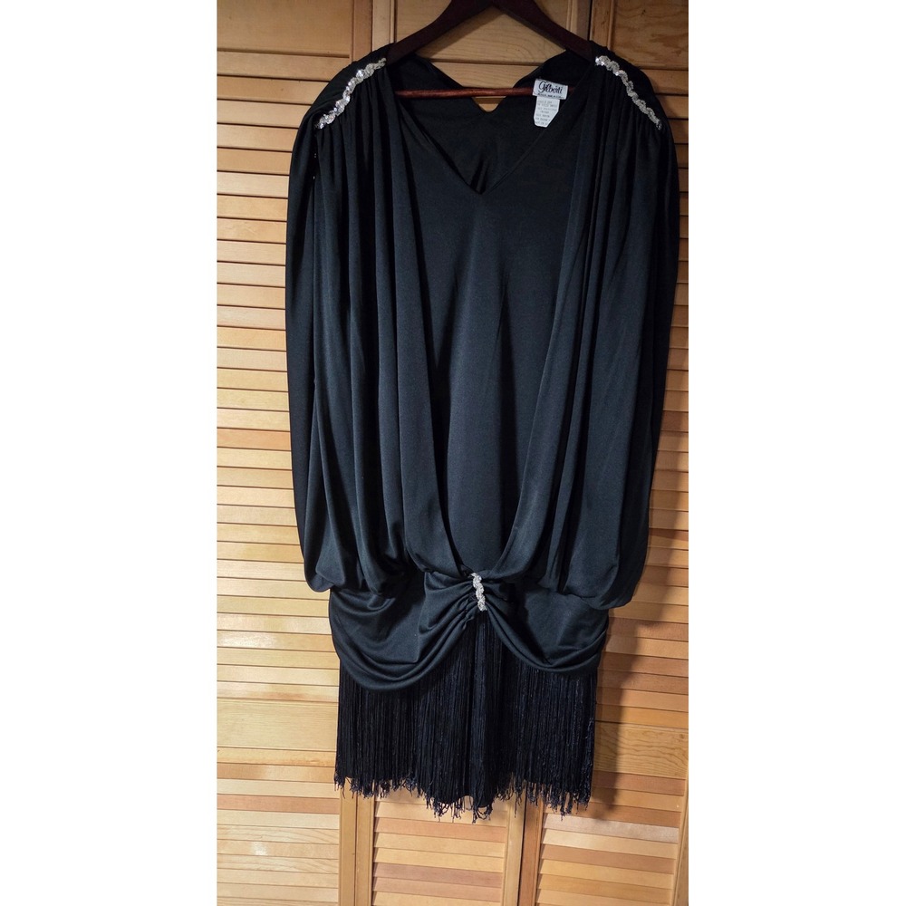 Vintage Gilberti Black Fringe Flapper Dress Sequin Shoulder Plus Size 24W USA